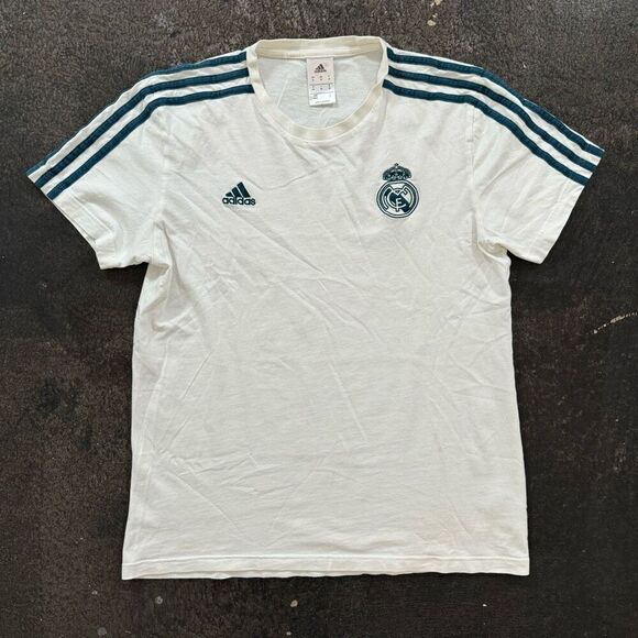 Men's adidas White Real Madrid Three Stripe T-Shirt Graphic T-Shirt Size Medium - Picture 1 of 13